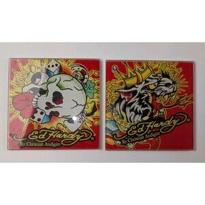 Ed Hardy Christian Audigier Glass Art Tiles Coasters Skull Dog Decor Set of 2